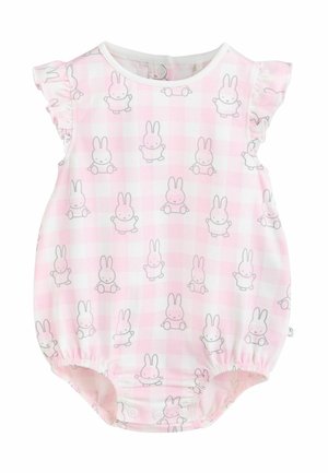 Baby-Overall im pinken Karo-Muster mit kurzen Rüschärmeln, versehen mit kleinen grauen und pinken Bunny-Illustrationen. Druckknopfverschluss im Schritt.