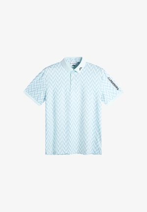 Jasnoniebieska koszulka polo w kratę z krótkimi rękawami, zapinana na trzy guziki, z logo na lewej części kołnierzyka oraz napisem "J.LINDEBERG" na prawym rękawie.