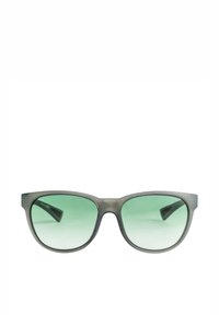 Gafas de sol grises con lentes verdes, con una forma rectangular clásica y un acabado mate en la montura. Sin marcas ni patrones visibles.