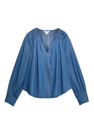 Denim blouse featuring a loose fit, long sleeves, and a V-neckline. The fabric is soft with a classic blue hue and subtle texture.