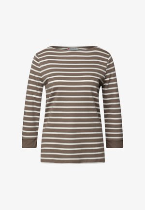 Braun-weißer gestreifter Langarmoberteil mit weitem Ausschnitt und eng anliegenden Ärmeln, aus weichem Stoff gefertigt. Markenlabel am Kragen sichtbar.