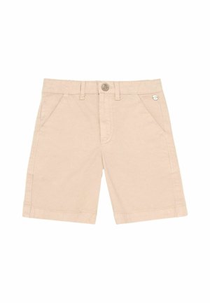 Beige knielange Shorts mit Fronttaschen, Gürtelschlaufen, Knopfverschluss und einem kleinen Metalllogo auf der rechten Tasche.