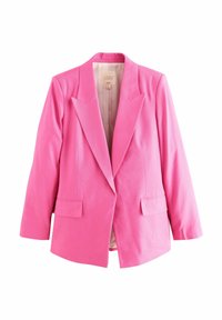 Růžový lněný blazer s dlouhými rukávy, klopovými límci a třemi předními kapsami. Interiér zdobí jemná pruhovaná podšívka.