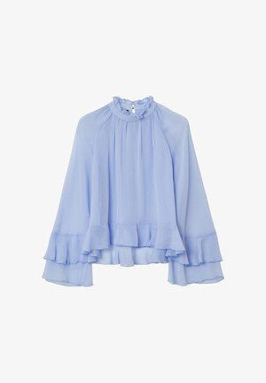Blouse bleu clair en tissu transparent avec un col et un ourlet à volants, manches longues évasées et détails plissés.