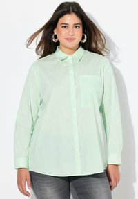 Camicia button-up verde chiaro con righe verticali, maniche lunghe e taschino sul petto. Il tessuto appare liscio con una vestibilità comoda.