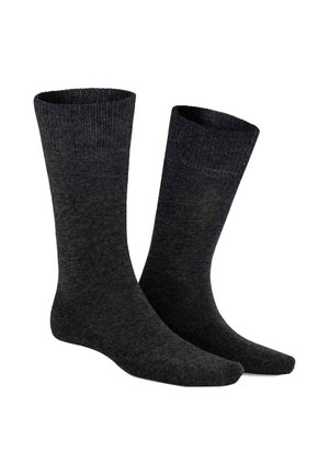 Paar schlichte dunkelgraue Crew-Socken mit geripptem Bündchen, nebeneinander auf weißem Hintergrund dargestellt.