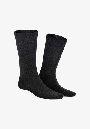 Pair of plain dark gray crew-length socks with ribbed cuffs, displayed side by side on a white background.