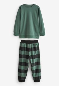 Grüner Langarm-Sweatshirt mit strukturiertem Finish, kombiniert mit schwarz-grün gestreiften Schlafanzughosen mit einem elastischen Bund.