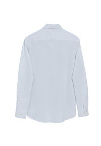 Lange mouw knoopshirt in lichtblauw. Kenmerkt zich door een gladde textuur, klassieke kraag en knoopmanchetten met contrasterende knopen.