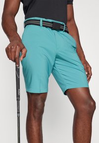 Turkio spalvos golfiukai, laisvo kirpimo, su dviem priekinių kišenių, subtiliais siuvinėjimo akcentais ir juodu diržu su baltais akcentais.