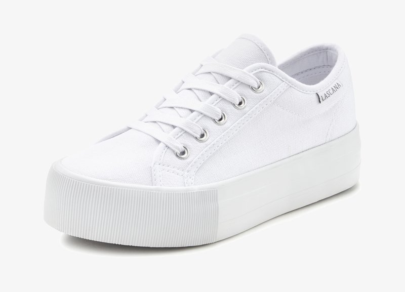 Valged kanvas tossud, kus on lapikud paelad, ümar varvas ja kõrgendatud kummitald. Omab metallist silmuseid ja tekstuurseid külgaktsente.