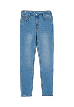 Jasnoniebieskie dżinsy o slim fit, z pięcioma kieszeniami i suwakiem. Charakteryzują się minimalnym blaknięciem oraz detalami stębnowania wzdłuż szwów.