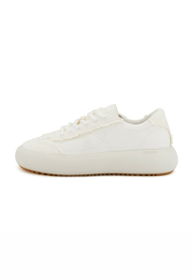 Zapatilla de lona blanca con un exterior texturizado, puntera redonda y suela de goma gruesa. Presenta un diseño minimalista, que incluye un marcado sutil.