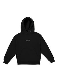Felpa nera con cappuccio, dotata di tasca a marsupio centrale, polsini e orlo a costine, presenta il logo ricamato "VOLCOM" sul petto.