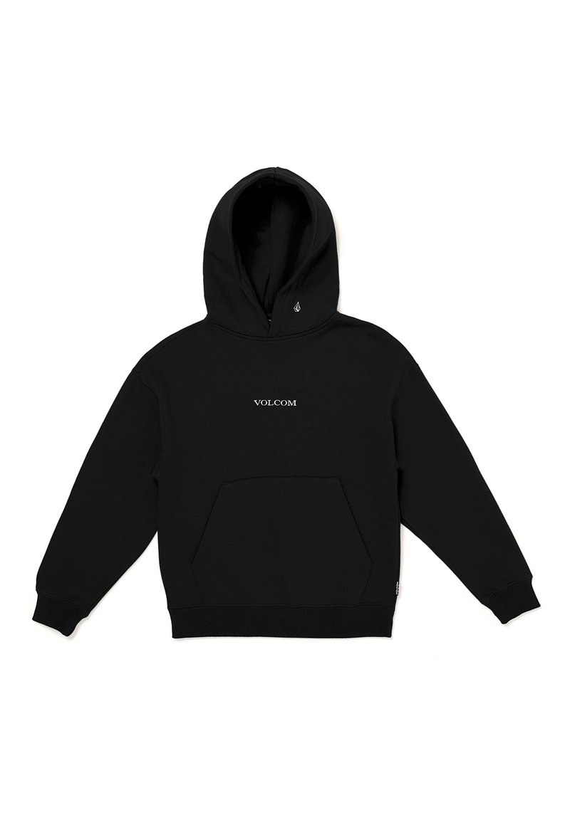 Felpa nera con cappuccio, dotata di tasca a marsupio centrale, polsini e orlo a costine, presenta il logo ricamato "VOLCOM" sul petto.