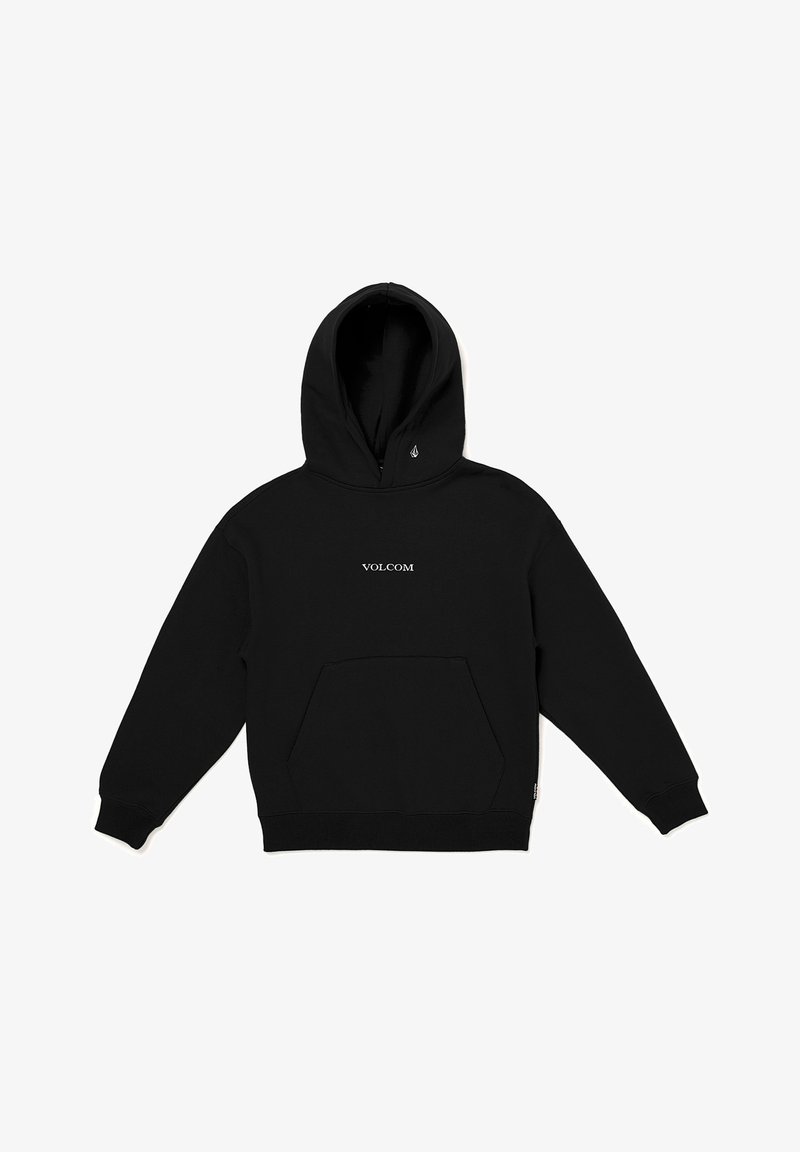 Sweatshirt à capuche noire avec une poche kangourou centrale, des bords côtelés aux poignets et à l'ourlet, avec un logo "VOLCOM" brodé sur la poitrine.