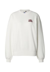 Balta sporta džemperis no mīksta auduma ar apaļu kaklu, nolaistām plecu līnijām un ribas aprocēm; priekšpusē sarkani brūns "Salt & Olives" logotips.