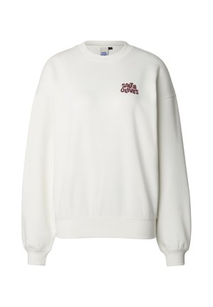 Sudadera blanca de tela suave con cuello redondo, hombros caídos y puños acanalados; presenta el logo "Salt & Olives" en color burdeos en el frente.