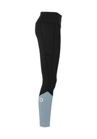Zwarte sportleggings met een hoge tailleband en een grijs accent op het onderbeen. Bevat platte naden en een logo op de kuit. Rekbaar materiaal.