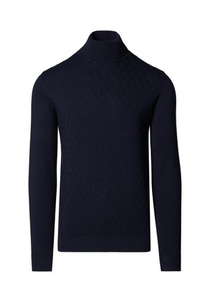 Granatowy sweter z golfem, z długimi rękawami i dzianiną o wzorze diamentowym na przodzie.