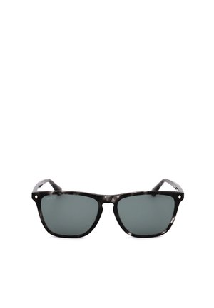 Occhiali da sole rettangolari in tartaruga nera con lenti grigio scuro e un piccolo dettaglio a forma di diamante su ogni asta.