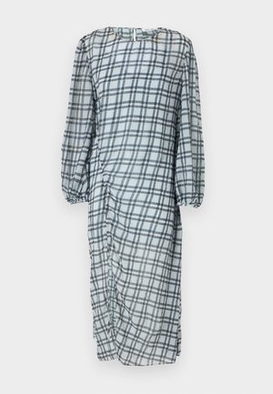 Pleated long dress made of lightweight, sheer fabric with a blue and black checkered pattern, featuring long sleeves and a round neckline.