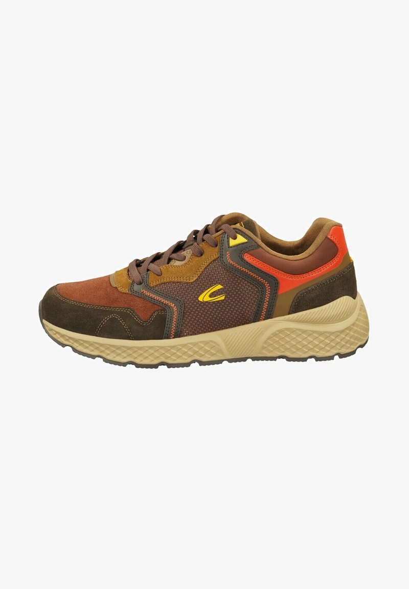Brown and orange athletic shoe with a textured upper, suede and mesh materials, cushioned midsole, and a rubber outsole. Yellow logo detail.