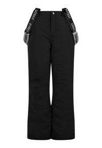 Zwarte snowpants met afneembare en verstelbare schouderbanden, voorzien van een ritssluiting, zijzakken en een relaxte pasvorm voor mobiliteit.
