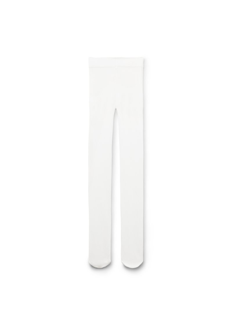 Bílé legíny s hladkým povrchem, elastickou tkaninou, celkovým střihem a bez viditelných švů či vzorů.