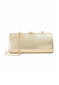 Gold metallic clutch purse with textured surface, rectangular shape, and a detachable gold chain strap. Features a metal clasp closure.