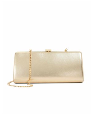 Pochette en métal doré avec surface texturée, de forme rectangulaire et une bandoulière en chaîne dorée amovible. Équipée d'une fermeture à fermoir en métal.