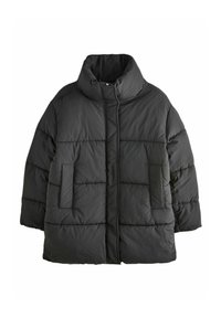 Čierna puffa bunda s vysokým golierom, hrubým prešívaním a dvoma prednými vreckami. Má hladký povrch a predné zipsové zapínanie.
