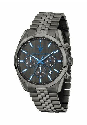 Gunmetal kronograf armbåndsur med blå timeindeks, tre underskiver, datovindue og metal led-armbånd.