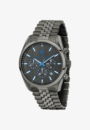 Gunmetal kronograf armbåndsur med blå timeindeks, tre underskiver, datovindue og metal led-armbånd.