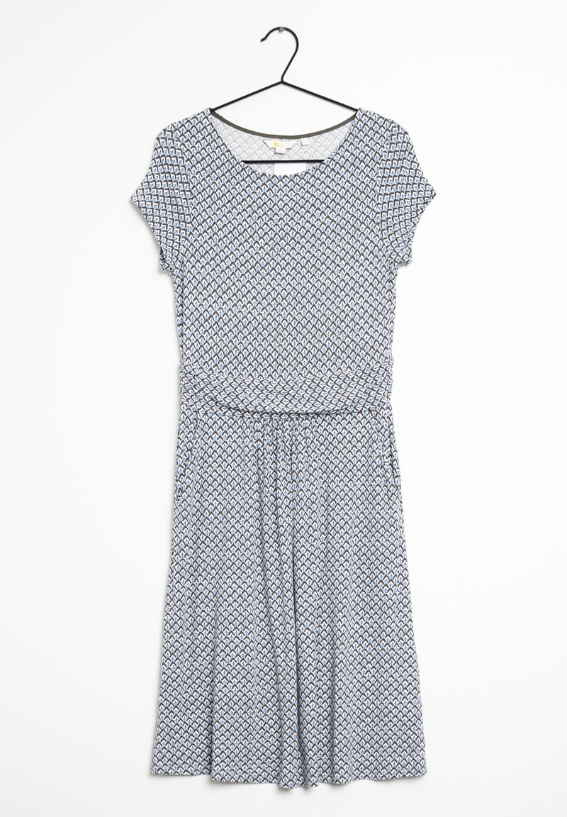 Patterned dress with short sleeves, featuring a blue and white geometric design, a cinched waist, and a knee-length skirt. Made from lightweight fabric.