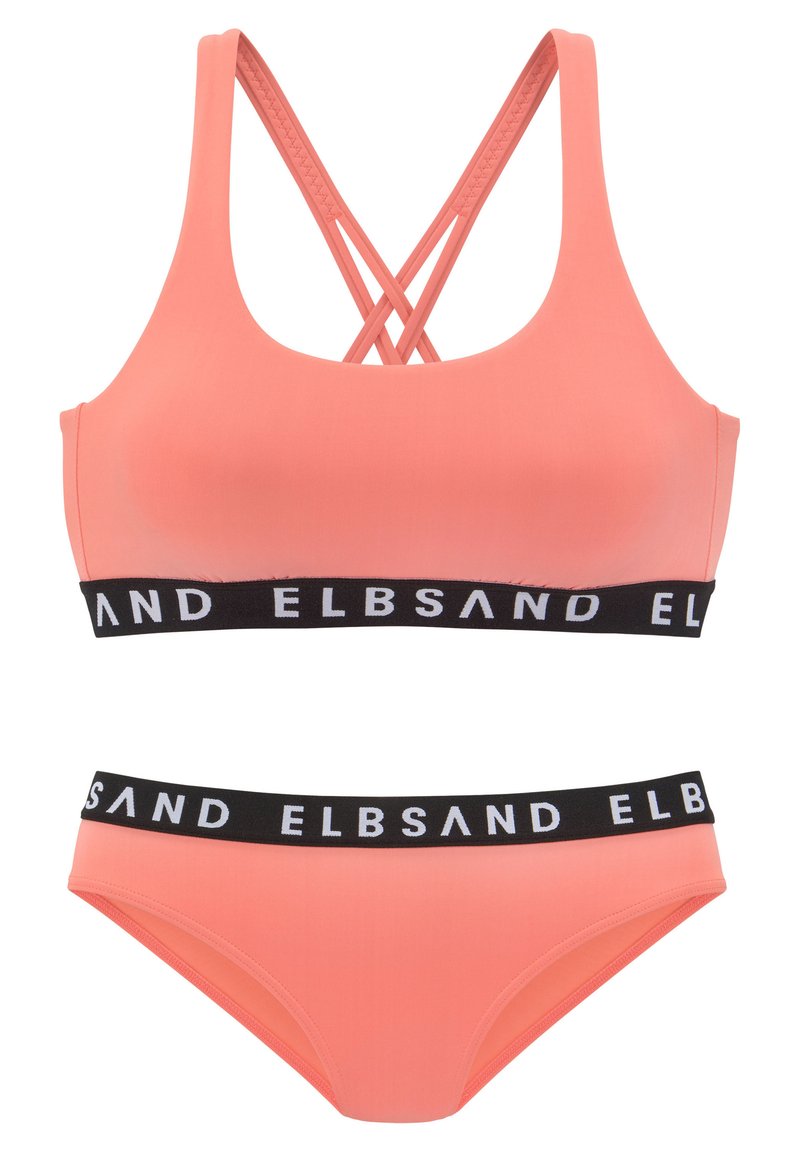 Set di bikini corallo con top a reggiseno sportivo caratterizzato da spalline incrociate e una ampia banda nera con il logo "ELBSAND". Materiale liscio e elasticizzato.