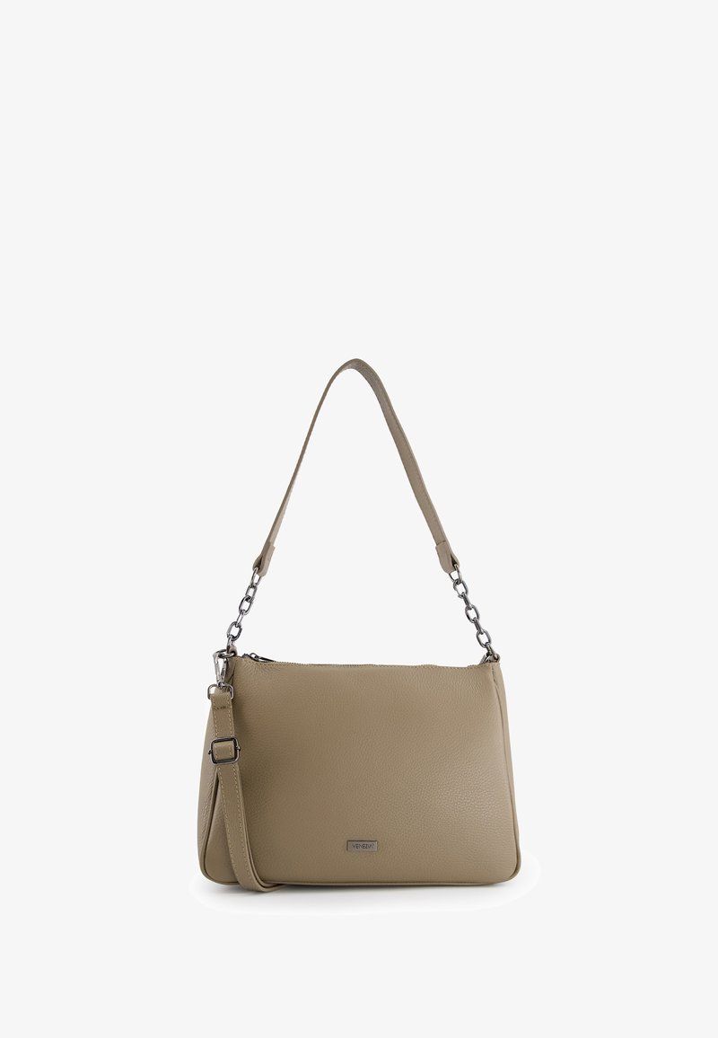 Beige leather handbag with a textured finish, featuring a detachable shoulder strap and a silver chain accent. Zippered closure at the top.