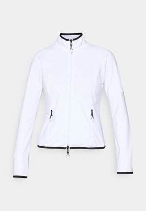 Fehér, szétnyitható dzseki magas gallérral, fekete cipzárral és szegélyezéssel, hosszú ujjakkal, valamint két elülső zsebbels, amelyek cipzárral záródnak.