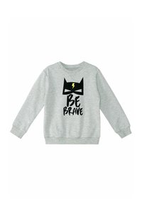 Grauer Sweatshirt mit langen Ärmeln, ausgestattet mit einem schwarzen Maskendesign und dem Text "BE BRAVE" in Schwarz und Gelb. Weiche Textur und Rundhalsausschnitt.
