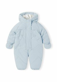 Lichtblauwe gewatteerde sneeuwpak met een capuchon, voorzien van drukknoopsluiting, gestructureerde diagonale stiksels en elastische manchetten bij de mouwen en enkels.