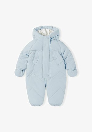 Salopetă de zăpadă amortizată de culoare albastru deschis, cu glugă, dotată cu capse, cusături diagonale texturate și manșete elastice la mâneci și gleznă.