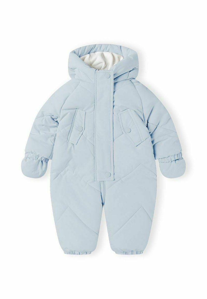 Lichtblauwe gewatteerde sneeuwpak met een capuchon, voorzien van drukknoopsluiting, gestructureerde diagonale stiksels en elastische manchetten bij de mouwen en enkels.