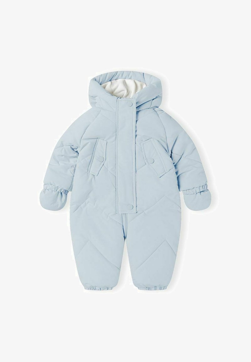 Lichtblauwe gewatteerde sneeuwpak met een capuchon, voorzien van drukknoopsluiting, gestructureerde diagonale stiksels en elastische manchetten bij de mouwen en enkels.