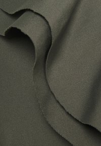 Tecido verde oliva, texturizado, com suaves ondulações e um leve brilho; apresenta uma superfície suave e estriada, com bordas onduladas.