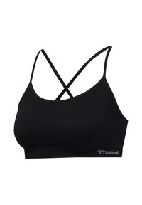 Zwarte sportbeha met dunne gekruiste bandjes en een klein "hummel"-logo aan de linkeronderkant.