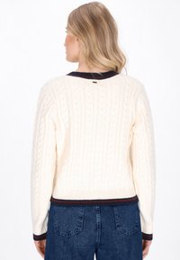 Cremefarbener Kabelstrickpullover mit rundem Ausschnitt, ausgestattet mit kontrastierenden dunkelblauen und roten Rippbündchen sowie Saum. Rückansicht.