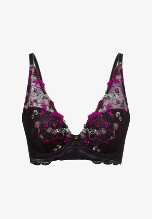 Bra in pizzo nero con design a profondo scollo a V, con intricati ricami floreali in rosa e grigio e un accento centrale dorato.