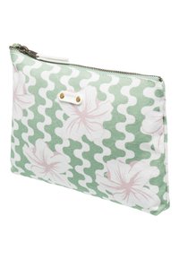 Zelený textilný vrecúško s bielym vlnitým vzorom, zdobené ružovými kvetinovými motívmi. Bezpečné zipsové uzatvorenie s malou značkovou etiketou a zlatými akcentmi.