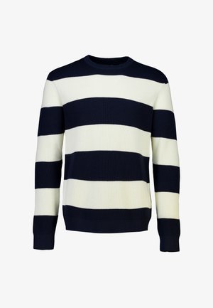 Merinovärinen ja kermanvalkoinen raidallinen villapaita, jossa on ribbikuvio ja pyöreä kaula-aukko. Paidassa on laajat vaakaraidat vaihtelevissa väreissä.