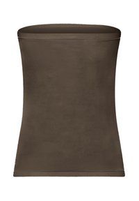 Braunes, nahtloses Bustier mit glatter Textur und figurnahem Design, ideal zum Schichten. Schlichte Form ohne sichtbare Hardware oder Akzente.